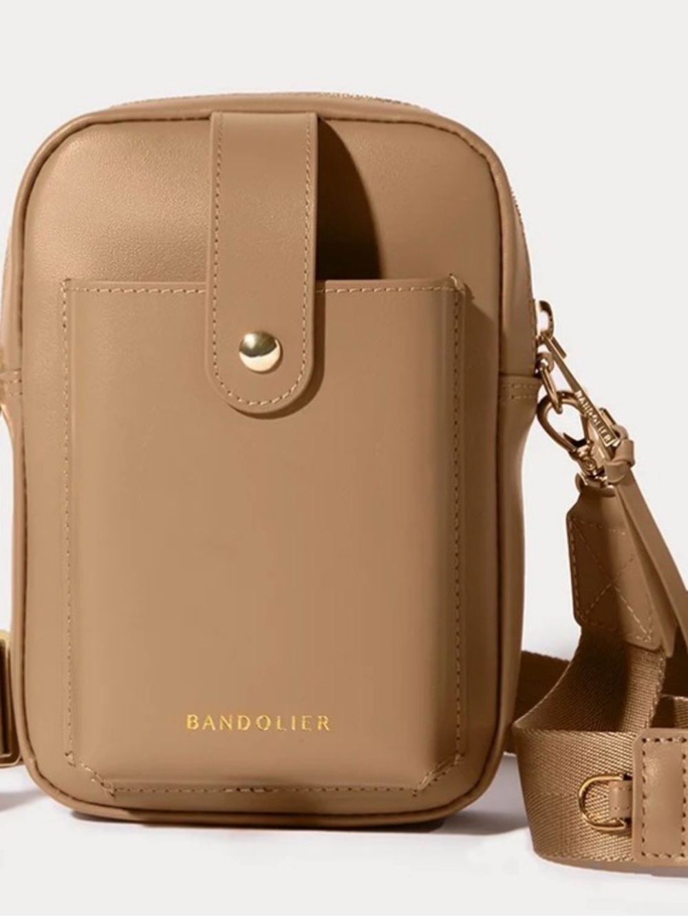 Bandolier Dillon Tan/Gold Crossbody Phone Purse with Lipstick Case Strap